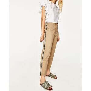 Zara Basic Z1975 Denim Khaki Drawstring Jogger Pants Frayed Blue Side Hem Sz 2